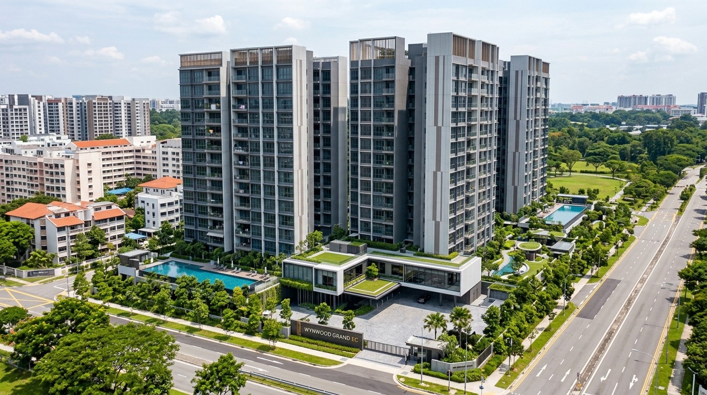 Aerial view of Wynwood Grand towers, clubhouse, pools and main road frontage