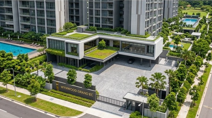 Wynwood Grand entrance signage, guardhouse and clubhouse with green roof