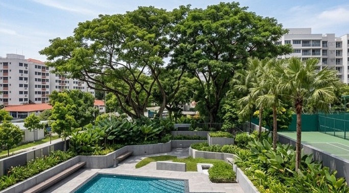 Garden pool: Pool and lawn under mature trees, beside the tennis court
