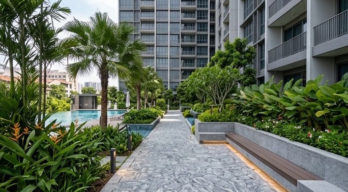 Garden promenade: Stone walkway past the pool deck