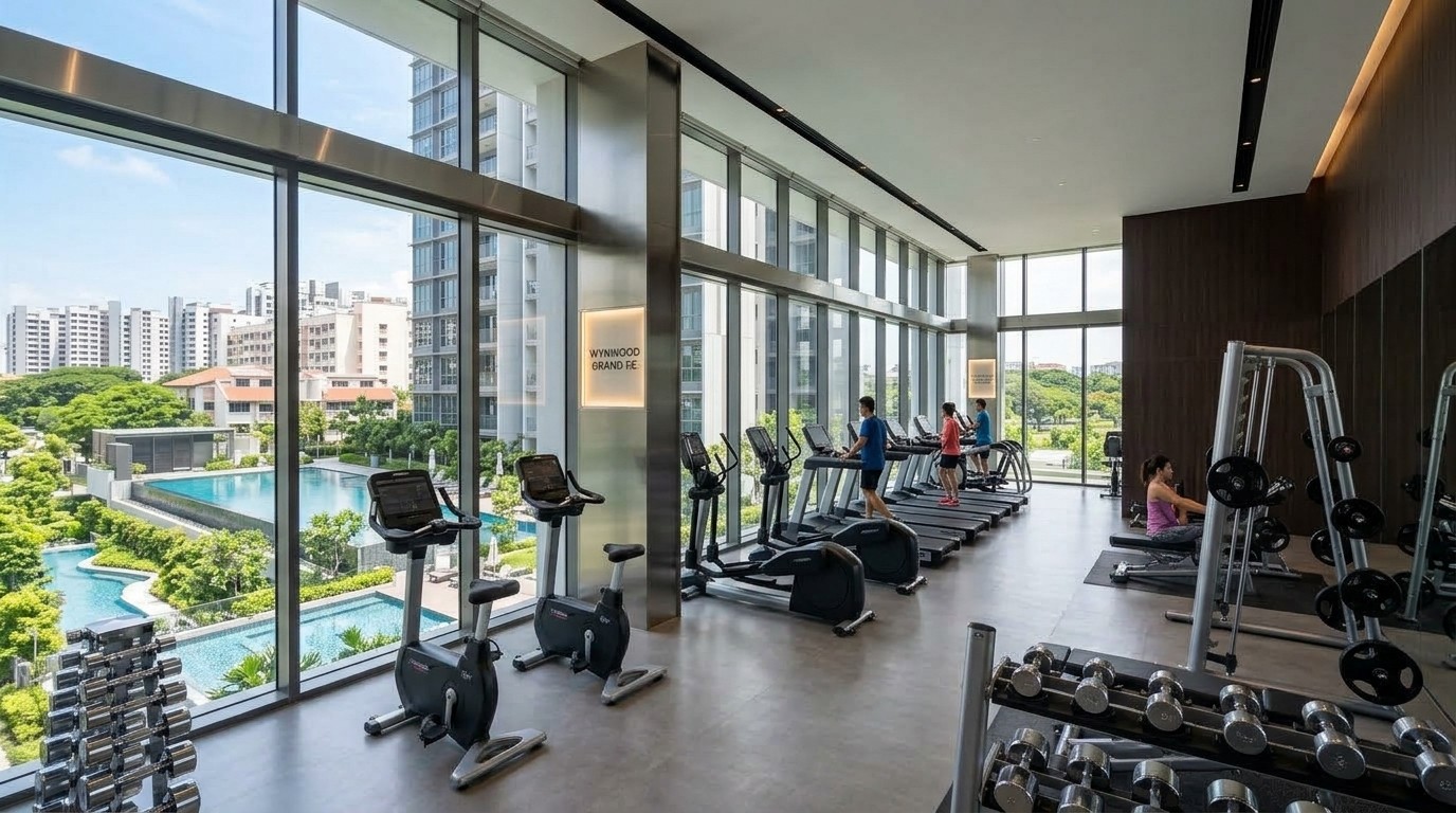 Gym: Double-height gym overlooking the pools