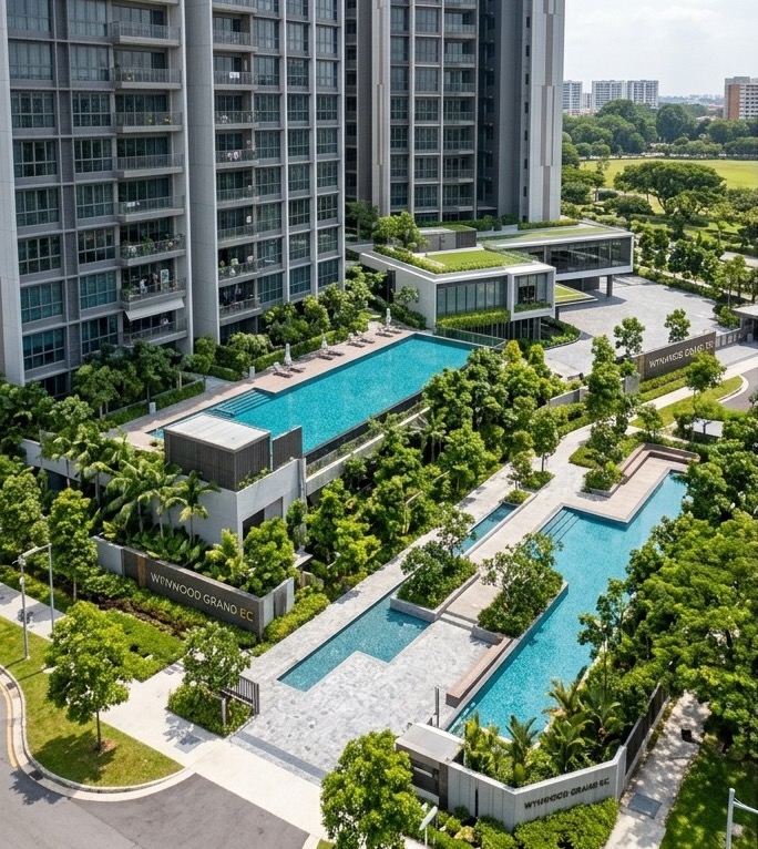 Garden pools: Lap pool and leisure pools set among trees