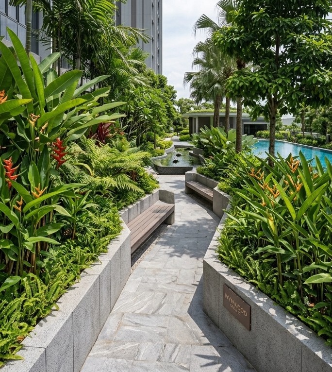 Tropical walk: Planted pathway with benches beside the water